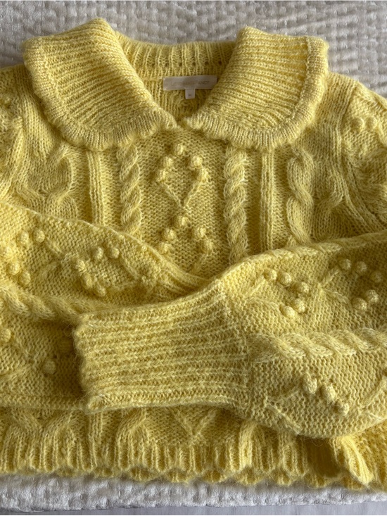 LoveShackFancy Sweaters - Cropped Yellow Cable-Knit Sweater with Peter Pan Collar